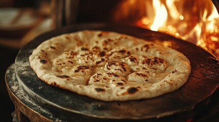 Close-up of a traditional South Asian restaurant's clay tandoor oven with naan being prepared. No people, copy space available