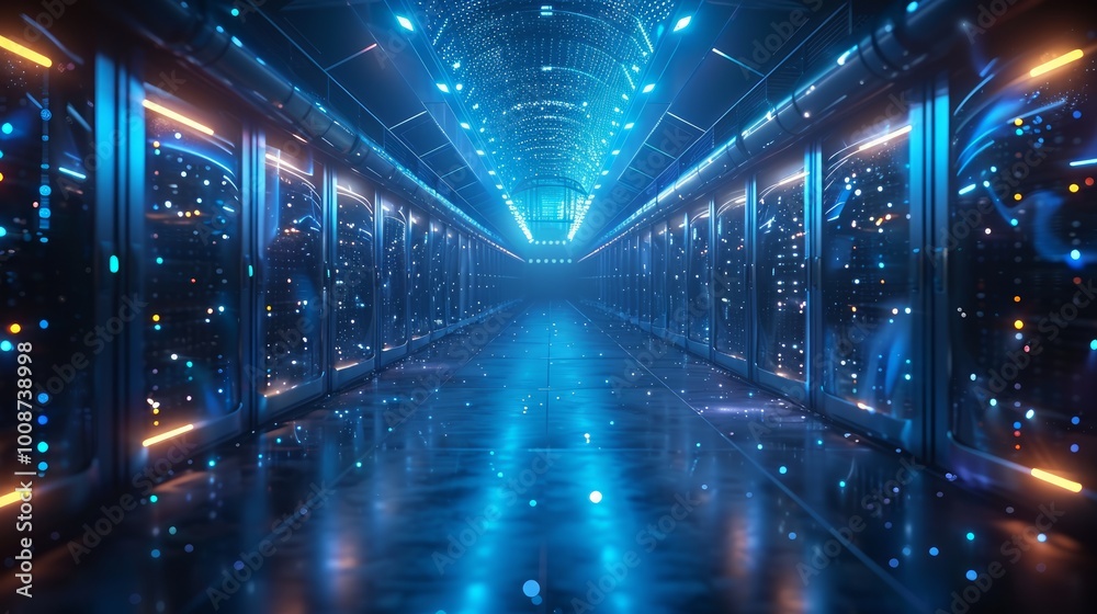 Poster 3d rendering of a data center with shining lights and an abstract background featuring lines and fig