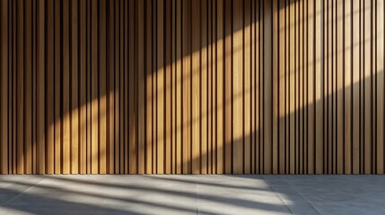  Wall with wood background. Panels with wood texture. Vertical slats in the interior design of an empty studio room. 3D architecture with window shadow overlay. 