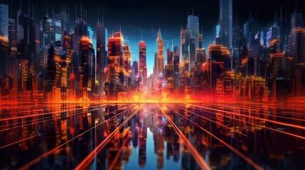 Naklejka premium A futuristic cityscape with glowing skyscrapers and red neon lig