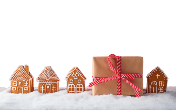 Gift Box and Gingerbread Houses on Snow on transparent background cutout, PNG file.