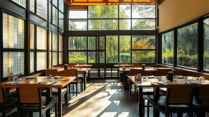 Fototapeta premium Contemporary South Asian restaurant interior with large windows and natural light. No people, copy space available