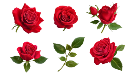 set of red rose flowers isolated on transparent background