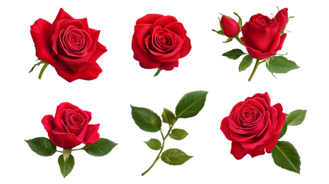 set of red rose flowers isolated on transparent background