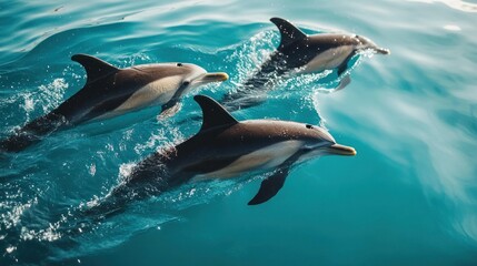 Obraz premium Three dolphins swimming gracefully in clear blue water.