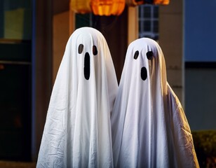 Whimsical Haunts: Two Kids Embrace the Halloween Spirit as Ghostly Ghouls"