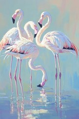 Obraz premium A serene depiction of four elegant flamingos wading in calm water, showcasing their beauty.