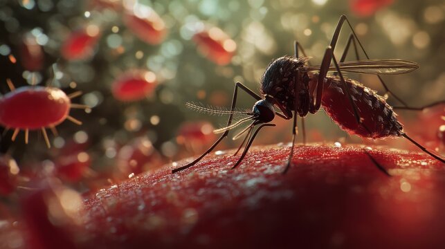 A mosquito feeding on blood cells in a close-up macro shot, showing the insect's proboscis and skin reaction in vivid detail