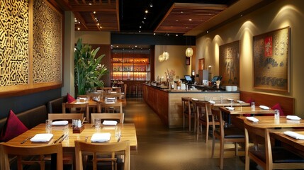 Interior of a contemporary South Asian restaurant with a warm and cozy ambiance. No people, copy space available
