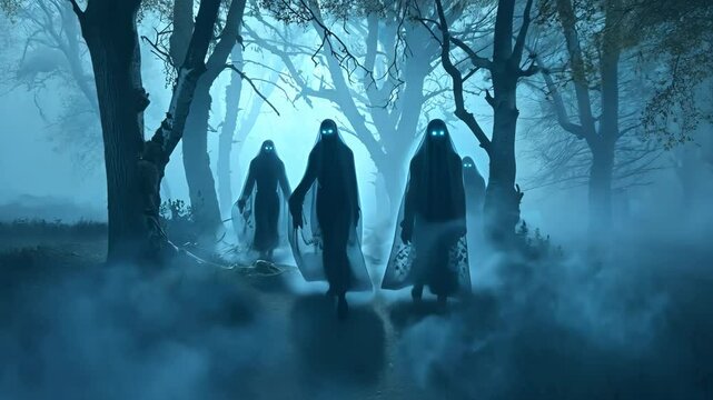 Three figures walk through a misty forest at night
