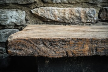 Obraz premium Rustic wooden table with stone wall background. Perfect for showcasing products or creating a vintage aesthetic.