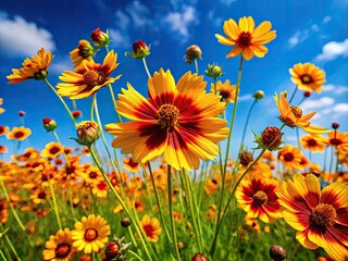 Vibrant Coreopsis Flowers in Full Bloom Against a Bright Blue Sky Creating a Stunning Landscape