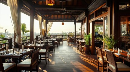Fototapeta premium Interior of a rooftop South Asian restaurant with panoramic views and elegant seating. No people, copy space available