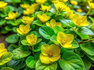 Obraz premium Vibrant Creeping Jenny Plant with Bright Green Leaves and Yellow Flowers in a Lush Garden Setting