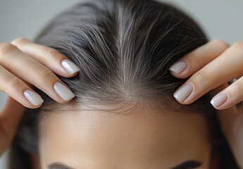 A woman with elegant white nails massages her scalp in a serene indoor setting