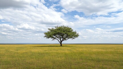 Fototapeta premium Low-angle view of a solitary tree in a vast field, minimalist aesthetic, storytelling through natures simplicity