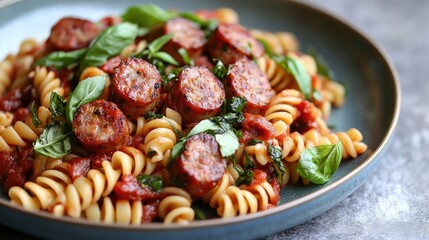 Pasta Dish with Sausage and Fresh Basil Garnish