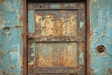 Rustic metal door with peeling paint. A great background for designs needing an aged, industrial, or grungy look.