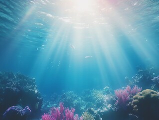 Panoramic view of a luxury underwater world, vibrant coral reefs, mythical creatures swimming gracefully, ethereal light filtering through water, captivating serenity