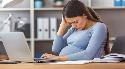 Fototapeta premium Exhausted pregnant woman struggling with distance learning at home, balancing the demands of education and pregnancy while sitting at a cluttered desk with textbooks and a laptop