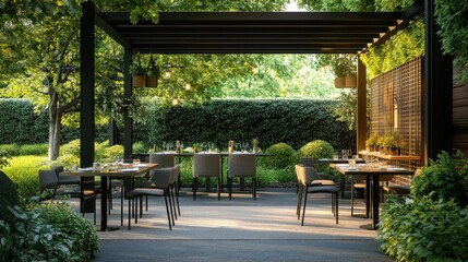 Stylish outdoor seating area at a popular South Asian restaurant with a garden view. No people, copy space available