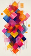 Obraz premium Vertical arrangement of vibrant, colorful squares and intersecting lines on an abstract background, evoking a feeling of depth and motion
