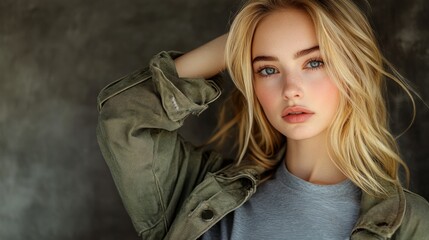 Naklejka premium A young blonde woman with blue eyes looks directly at the camera with her hand in her hair.