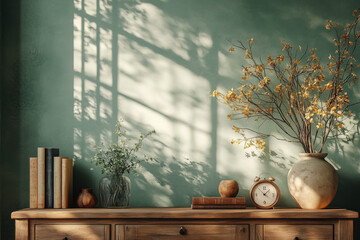 A sideboard with books, vases, and other decorative items on top of it, set against an empty wall in the background. The focus is on the cabinet's design and details. In front