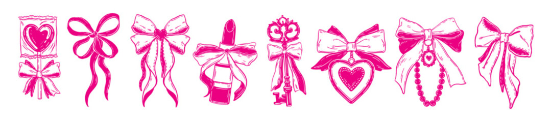 Pink ribbon bow icon set, vector hand drawn coquettish girly knot, romantic female accessories key. Cute Valentine heart decor, elegant retro feminine doodle, vintage love clipart. Ribbon bow print