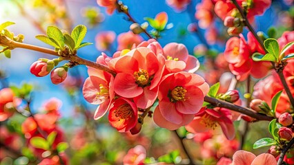 Vibrant Flowering Quince Blooms in Springtime Landscape with Lush Green Foliage and Blue Sky