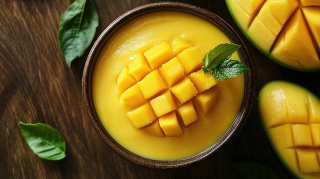 Top view of a bowl of mango custard, a creamy dessert enjoyed by South Asian children