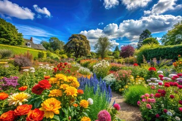 Obraz premium Vibrant Garden Flowers in Full Bloom with Lush Green Foliage Under Bright Blue Sky in Springtime