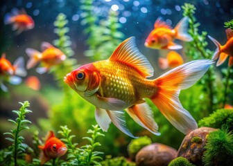 Fototapeta premium Vibrant Goldfish Swimming Gracefully in a Well-Decorated Aquatic Fish Tank with Lush Green Plants