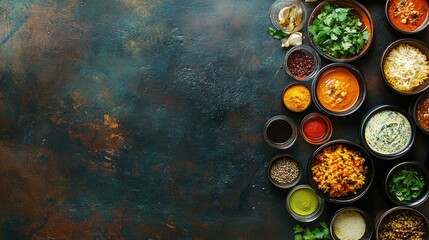 Top view of a vibrant South Asian restaurant table with a variety of dishes and condiments. No people, copy space available