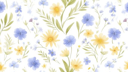 Watercolor seamless pattern featuring summer meadow flowers like bluebell, buttercup, clover, and chamomile in a rustic botanical style, perfect for wallpaper and textile design