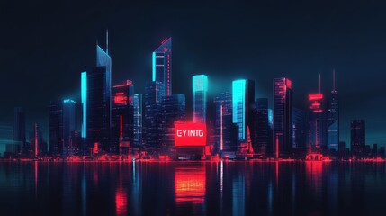 Neon Cityscape Reflected in Calm Water at Night