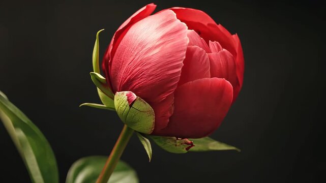 A single, red peony bud blooms against a black background