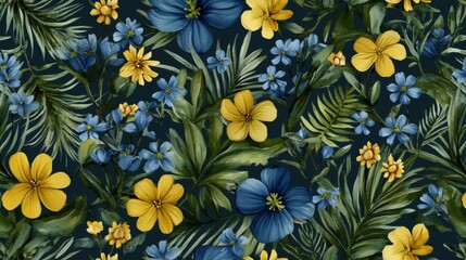 Fototapeta premium Watercolor seamless pattern featuring summer meadow flowers like bluebell, buttercup, clover, and chamomile in a rustic botanical style, perfect for wallpaper and textile design
