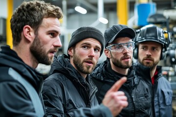 Mechanical engineer presenting a prototype to colleagues, explaining technical details, vibrant workshop background