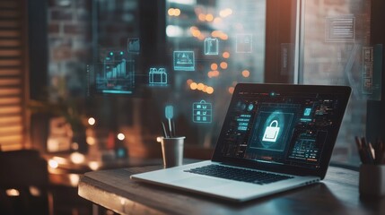 Fototapeta premium Cybersecurity Laptop on Office Desk with Digital Security Icons