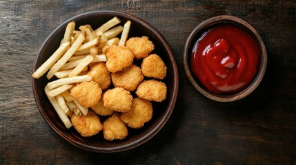 Naklejka premium Top view of chicken nuggets with a side of fries, a South Asian kids' favorite. Copy space available