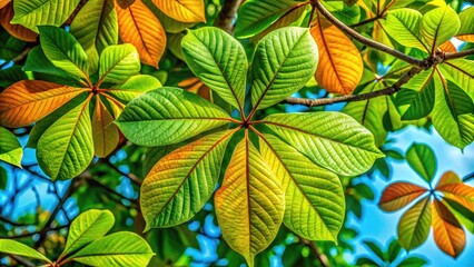 Fototapeta premium Vibrant Indian Almond Tree Leaves with Rich Green Color and Distinctive Shapes on a Sunny Day