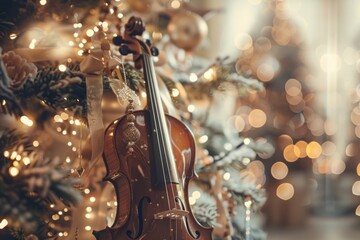 Glowing classical instruments sparkle with floating music notes in a dreamy concert hall