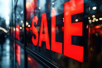 Vibrant red “SALE” sign on glass, blurred lights in background.
