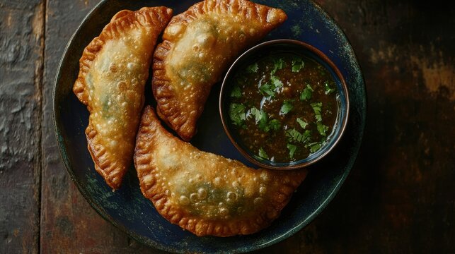 Top view of crispy fried samosas with tamarind chutney, a popular South Asian snack for childre