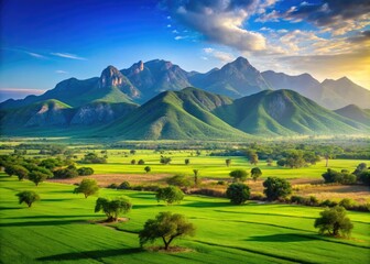 Vibrant Landscape of Sinaloa Featuring Lush Green Fields and Majestic Mountains Under Clear Sky