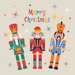 Christmas illustration card with Nutcrackers on a background New year illustration.