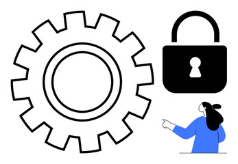 Large gear symbol next to a lock icon and a person pointing. Ideal for cybersecurity, technology, engineering, privacy, and security themes. Minimalist and bold style