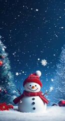 Snowman, Christmas tree, snowflakes falling from the sky, mobile phone wallpaper, cartoon style, cute, happy expression, red scarf and hat, blue background with white stars, snowy scene