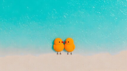 Fototapeta premium A pair of lovebirds drawn in the sand on a serene beach with soft waves gently approaching the shore creating a tranquil and picturesque scene
